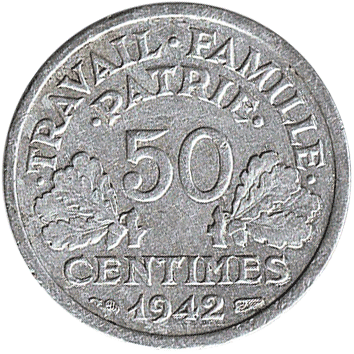 50 Сантимів (Centimes) - 1942 - Франція