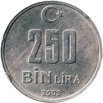 250 000 Лір (Lira) (тур. "Bin Lira" – "Тисяча лір") - 2002 - Туреччина