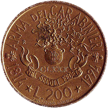 200 Лір (Lire) - 1994 - Італія - 180-річчя служби карабінерів