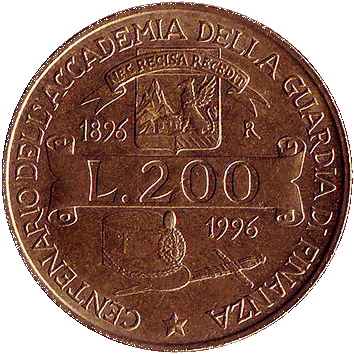 200 Лір (Lire) - 1996 - Італія - 100-річчя Академії фінансової поліції Італії