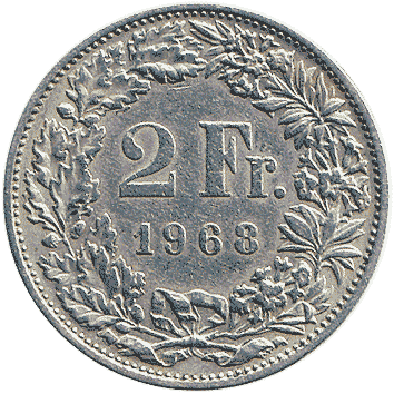 монета Швейцарії: 2 Франки (Francs) – 1968