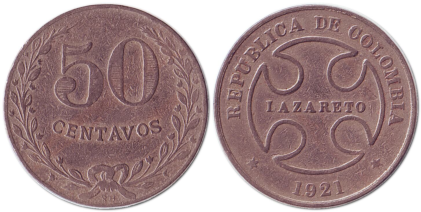 50 сентаво, 1921 /Монети лепрозоріїв/ – монета Колумбії