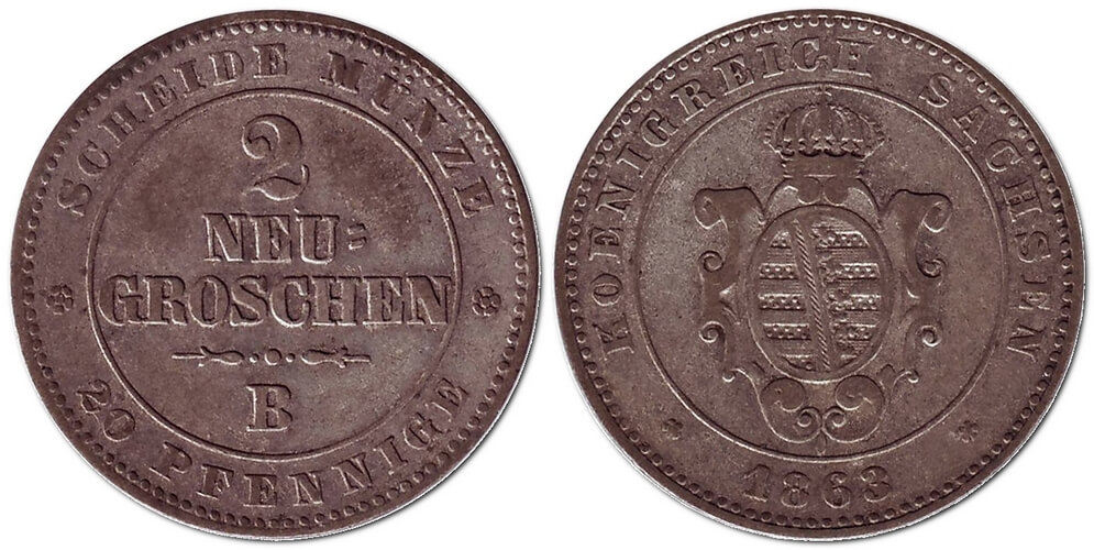 2 Нойгрошена, 1863 – монета Саксонії (Німеччина)