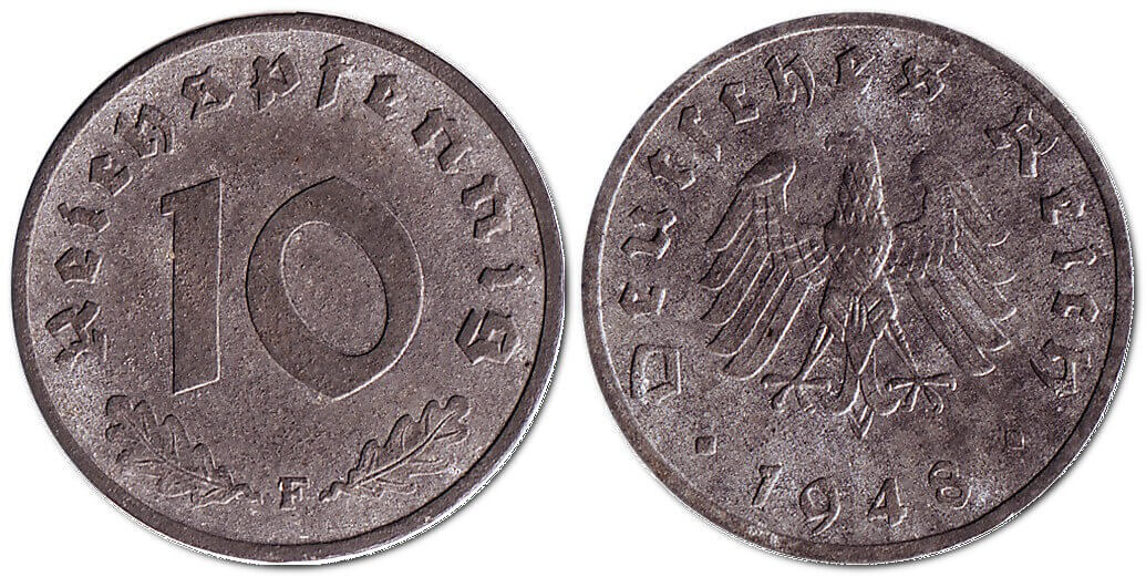 10 рейхспфенігів, 1948 – монета Німеччини (Окупація союзниками Німеччини)